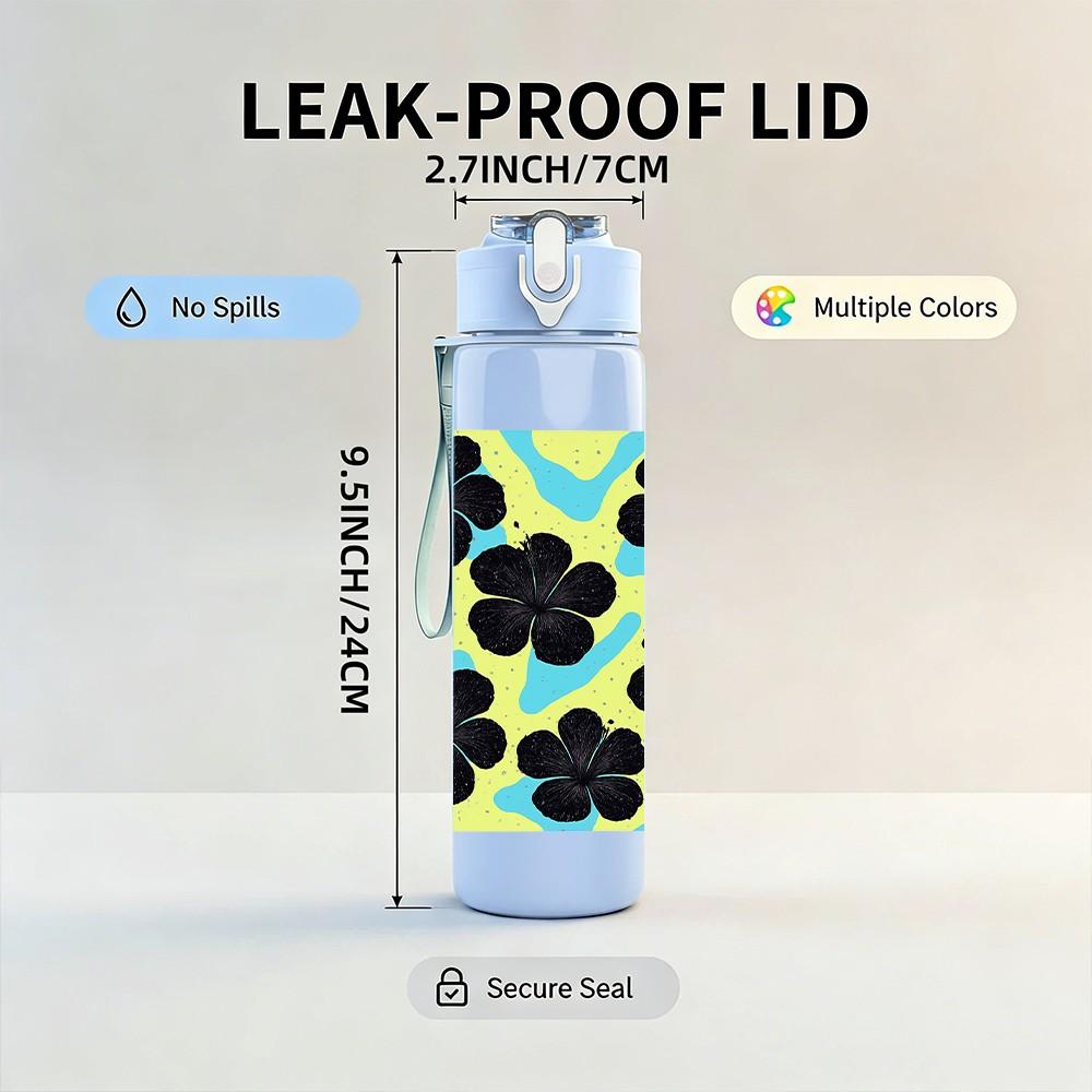 1PC Black Yellow Flower Tile Pattern Print 750ml Color Plastic Sports Water Bottle Leakproof Flip Straw Lid Suitable for Sports Office Home Use