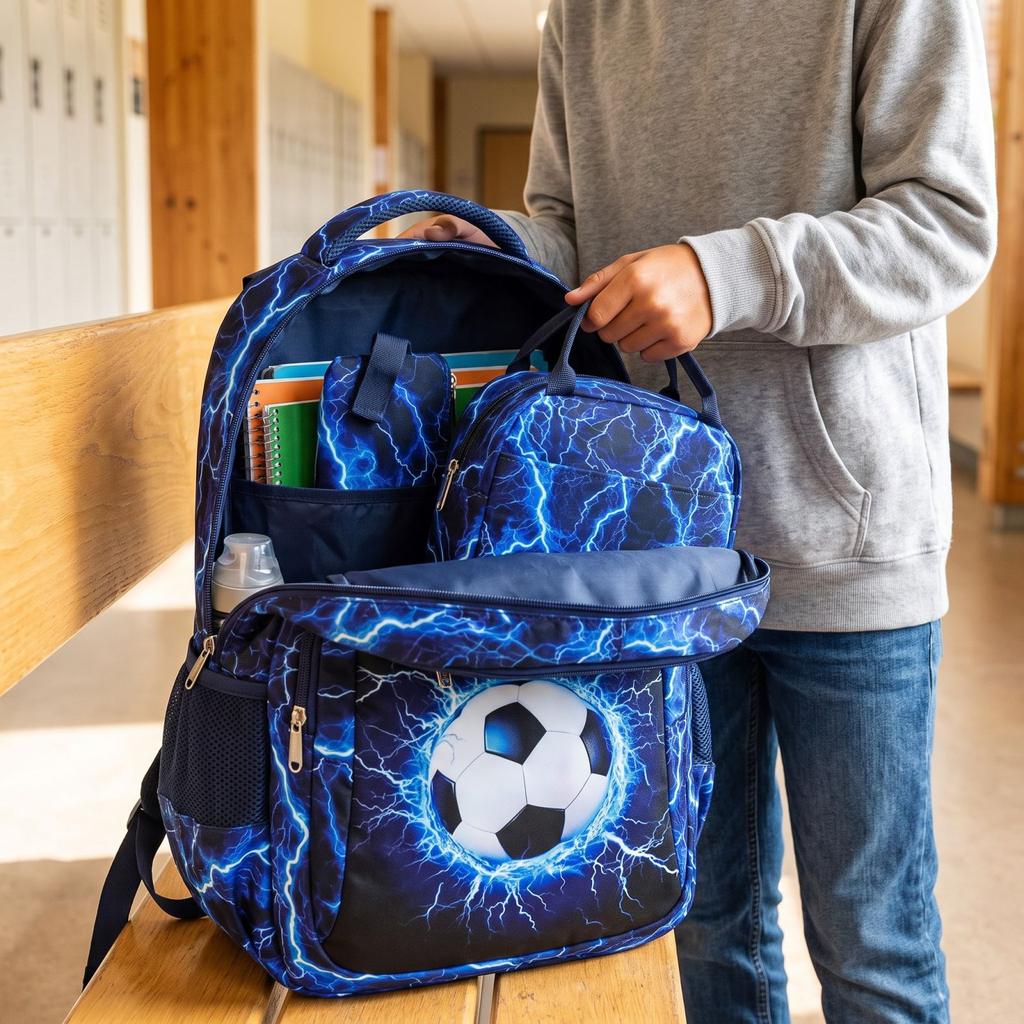 Jongens Voetbal Rugzak Set 3-Delig met Meerdere Vakken, Lunchtas en Etui