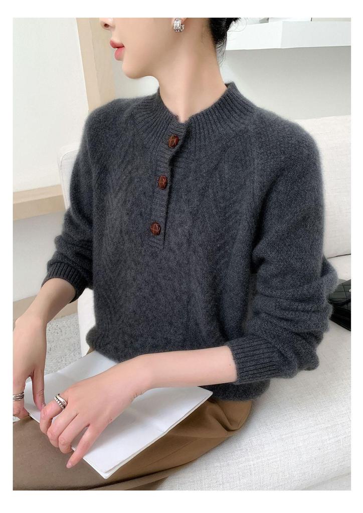 Women's Thickened Cashmere Sweater - Half-High Collar, Half-Button Cable Knit, Loose & Slimming Design