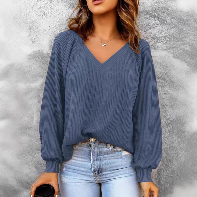 New Women's Casual V-neck Long-sleeved Pullover Loose Solid Color Multi-color Sweatshirt