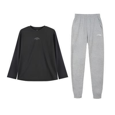 Fashionable Loose Soft Comfortable Round Neck Long Sleeve T-Shirt Casual Sports Suit Unisex Tops Black Flower-Gray YTLV125-1+AKLVB11-1