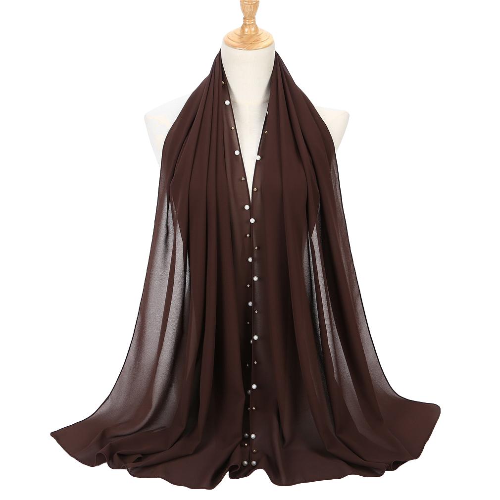 Women's Solid Chiffon Pearl Scarf, Elegant Beaded Hijab Shawl, Muslim Headscarf for Daily/Party