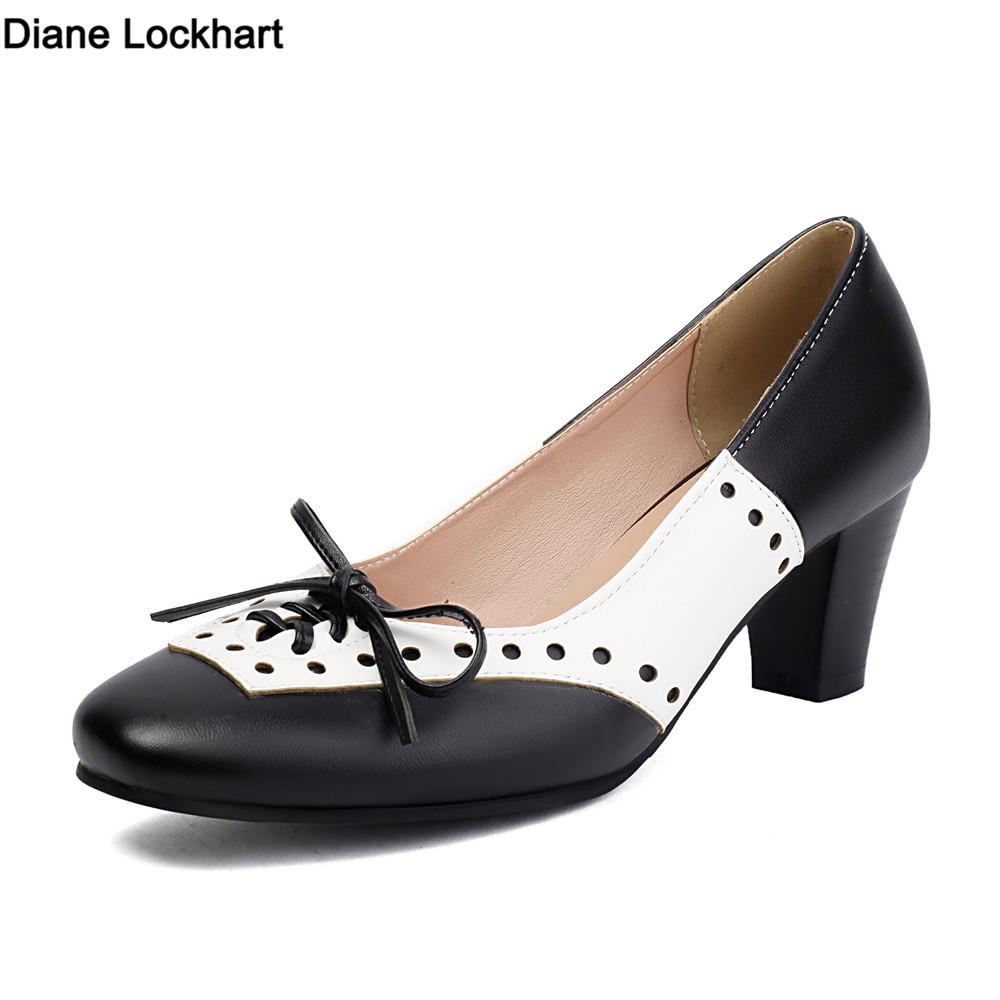 Fashion Spring New Design Sweet Women Pumps Square Toe Block Heels Bowknot Mixed Color Plus Size 35-43 Black Party Lady Shoes