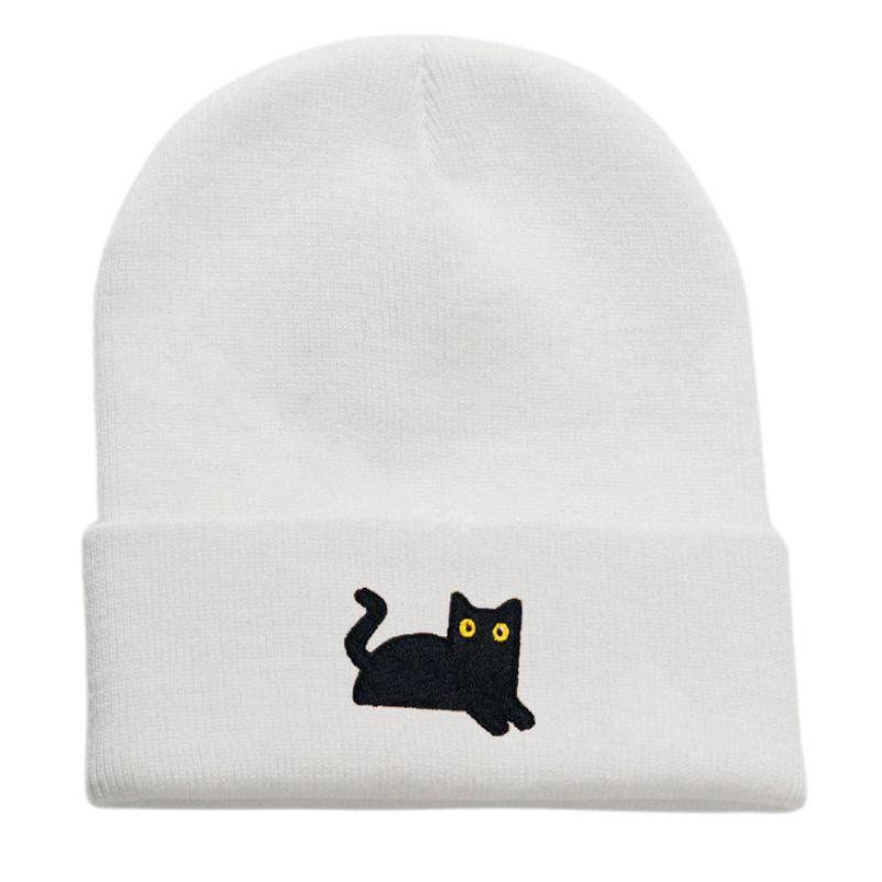 Stretchy And Lightweight Knit Beanies Embroidered Black Cat Knit Hat For Women Men Winter Warm