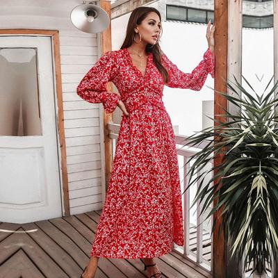 Spring Long Print Dress For Women Casual Slim High Waist V Neck Flare Sleeve Summer Ladies Floral Maxi Dresses