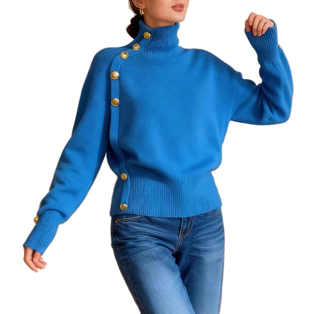 Women's Loose Comfortable Casual Fashion Knit Sweater With Buttons And High Neck
