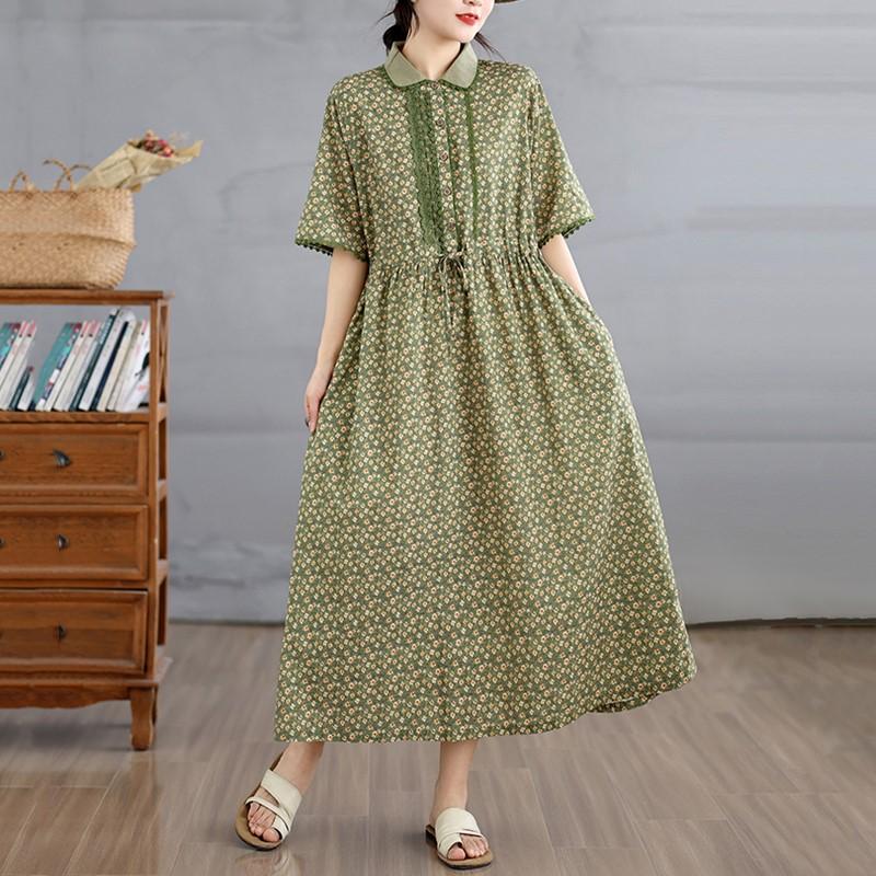 Krótki rękaw Plus size Bawełna Len vintage kwiatowy nowość sukienki dla kobiet casual luźna długa letnia sukienka