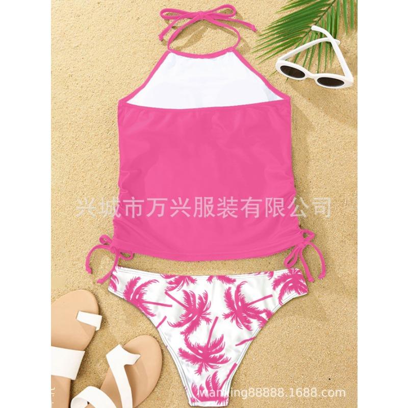 Women's Halter Tankini Swimsuit Two-Piece Palm Tree Print Beachwear with Adjustable Side Ties