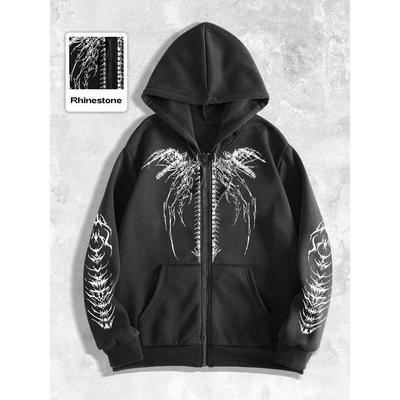 Men's Gothic Dark Wing Printed Zipper Hoodie, Fashionable Street Zipper Hoodie, Is a Fashionable Clothing Accessory
