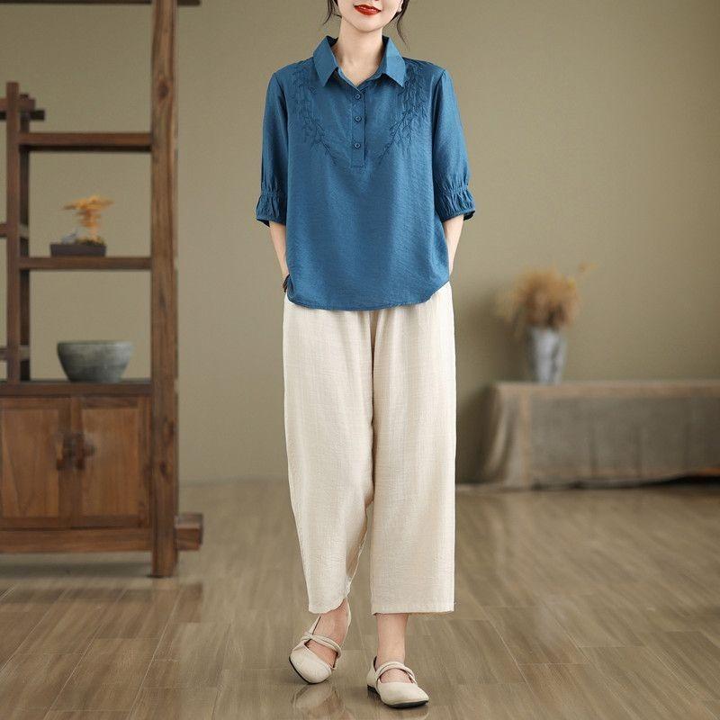 women embroidered linen blend shirt and wide leg pants two piece casual outfit M