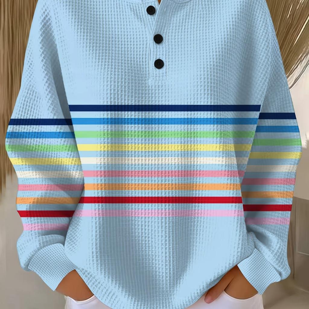 Women's Waffle Henley Long Sleeve T-Shirt Loose Shoulder Three-Button Crew Neck Casual Top