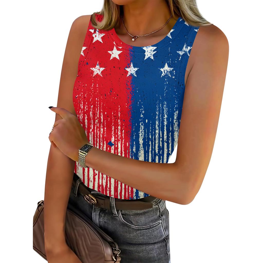 Women's Summer Fashionable Casual Independence Day Printed Round Neck Sleeveless Top Fitted Vest