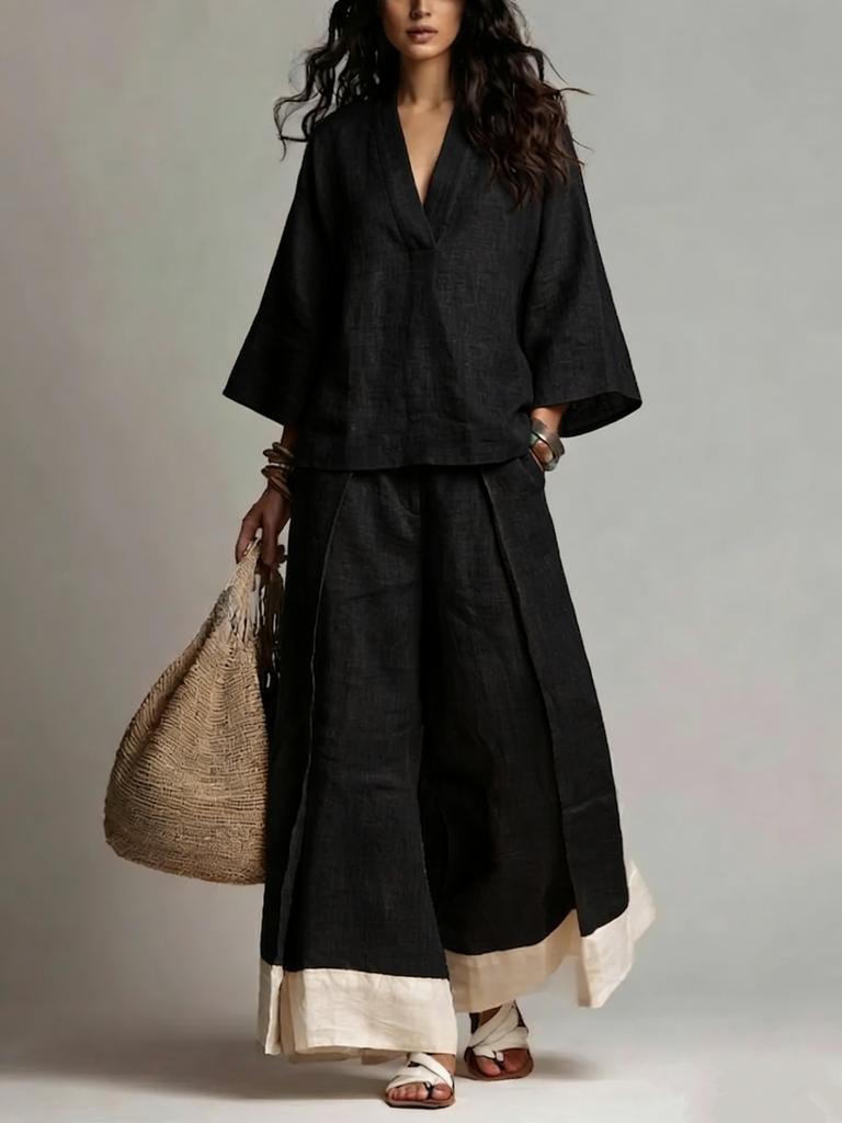 Women V-Neck Wide Sleeve Top And Wide Leg Pants Set Casual Loose Fit Linen Blend Two Piece Outfit