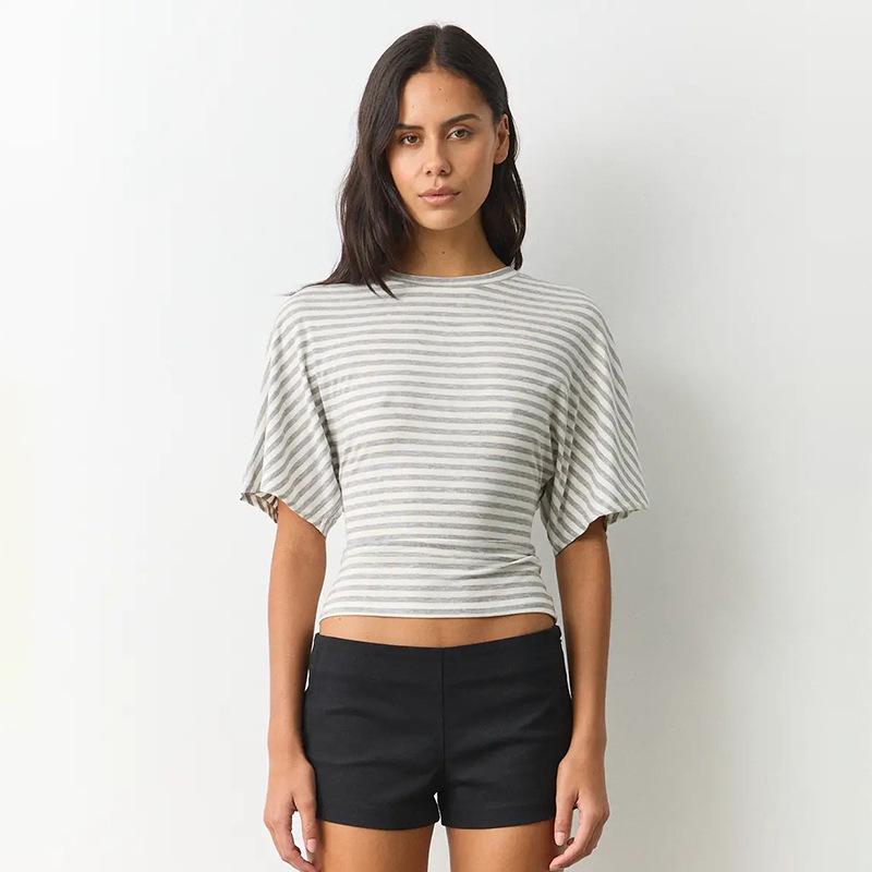 Q25TP400 Women's Slim-Fit Autumn Striped Round Neck Short Sleeve Top