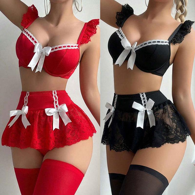 Romantic Ladies Bow Bra Sheer Lace Mini Skirt Teen Sissy Bra Set Black Fancy Lingerie Ultra Breves Sets Sexy Adult