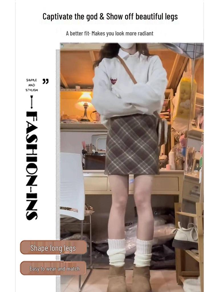 Women's Retro Wool Plaid A-line Skirt - High Waist, Slimming, Anti-exposure, Hip-hugging, Short Korean Style for Autumn/Winter