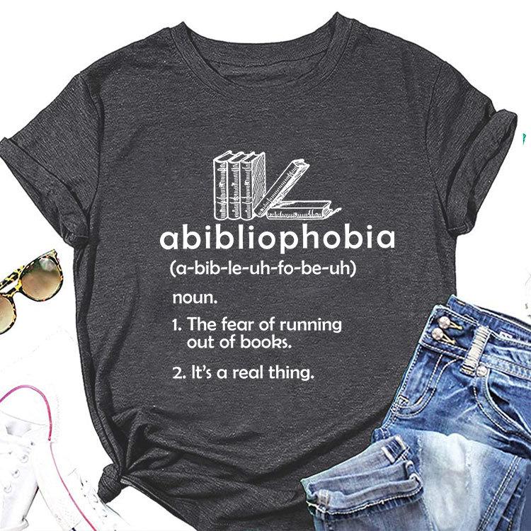 Summer new round neck casual Tshirt abibliophobia book print loose short sleeve top Womens allmatch fashion pullover