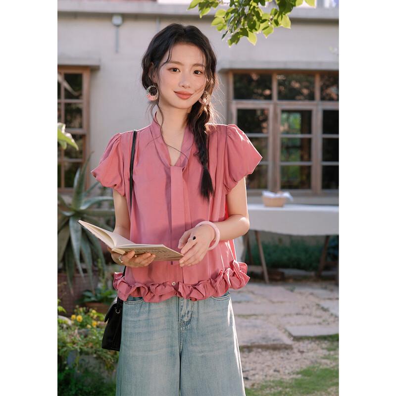 Misu French Retro Ruffle Tencel Linen Blouse L