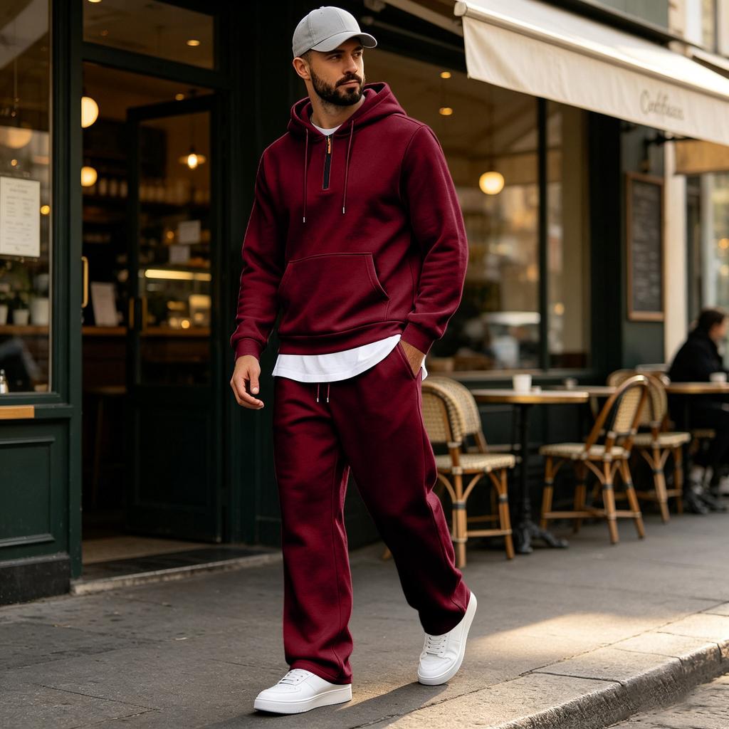 Men's Warm Lined Hoodie and Wide Leg Cargo Pants Set, Casual Relaxed Fit for Outdoor Sports