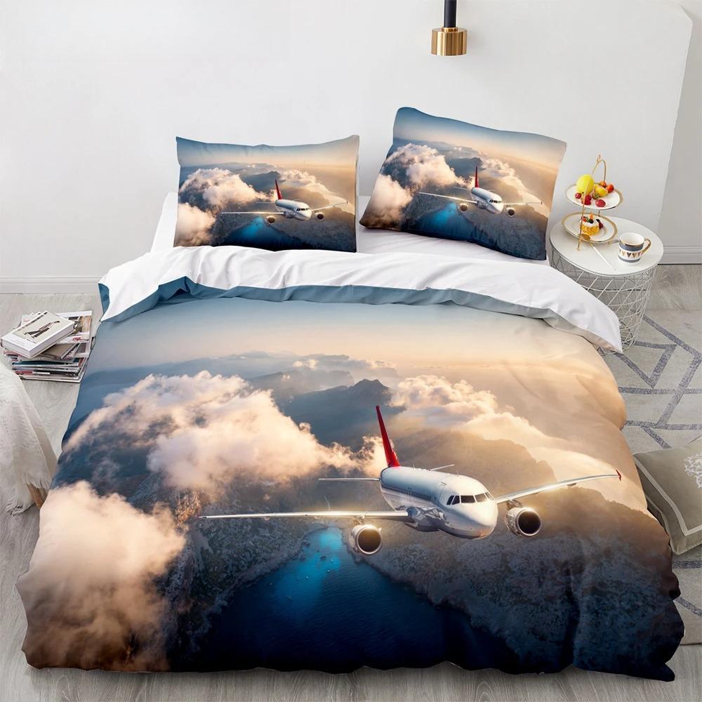 Airplane King Queen Full Duvet Cover Vintage Fighter Bedding Set for Kids Teens Adults Sky Clouds Grey 2/3pcs Soft Quilt Cover