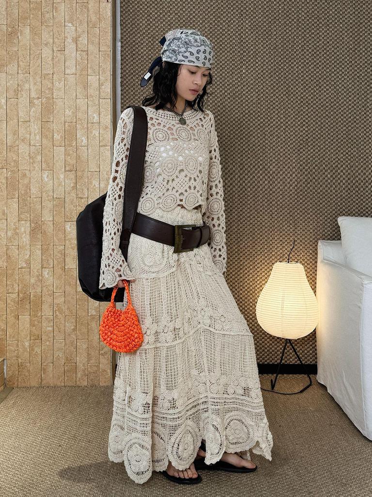Frühlingshafter Französisch-Bohemian-Häkel-A-Linien-Langrock für Damen