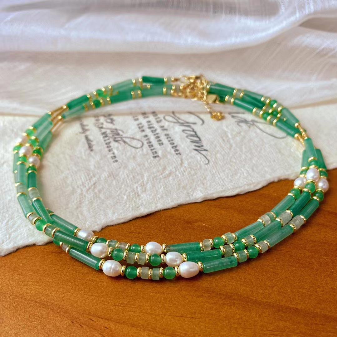 Retro Bamboo Natural Quartzite Natural Freshwater Pearl Necklace Emerald Green Clavicle Chain Guofeng String
