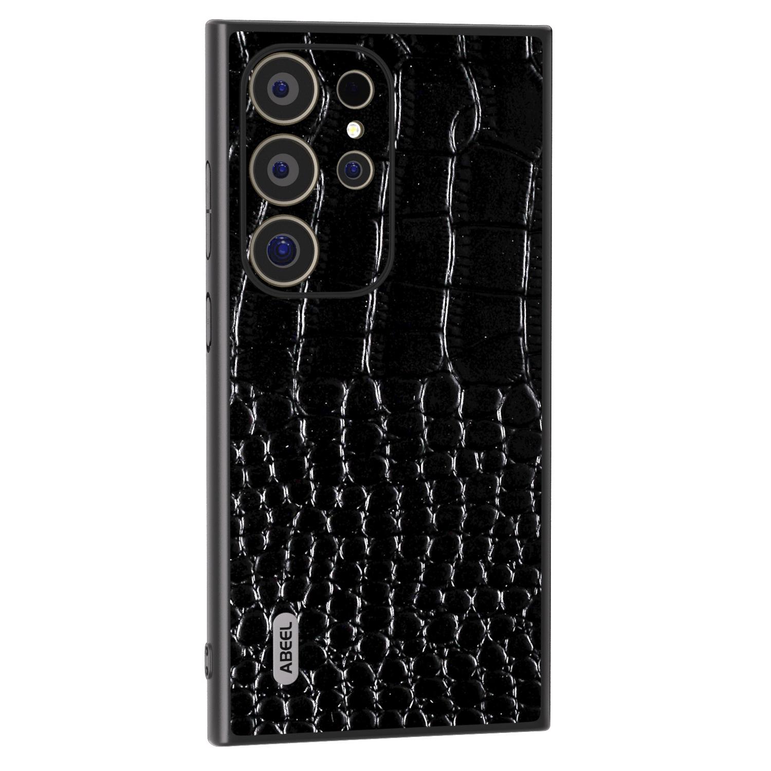 

ABEEL For Samsung Galaxy S24 Ultra Case Crocodile Texture Genuine Cow Leather+PC+TPU Anti-Drop Phone Cover Black