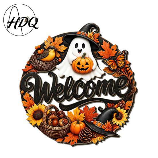 Rustic Porch Hanging Sign Halloween Pumpkin Ghost Wooden Welcome Door Hanger Sign Cute Wall Ornament with Bell 3D Floral Art Rope Decor for