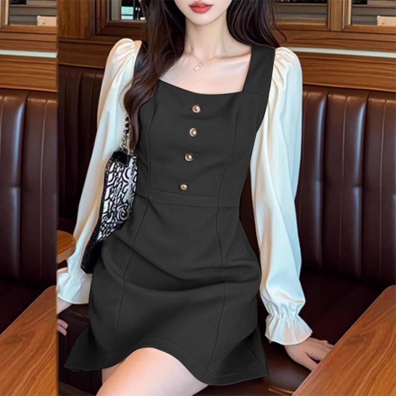 VONDA Women Casual Long Sleeve Square Neck Colorblock Dress