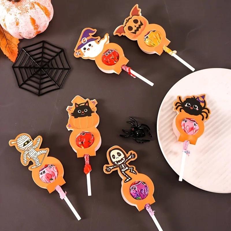 24pcs Halloween Lollipop Paper Card Cute Spider Mummy Ghost Pumpkin Skeleton Candy Holder Tags for Party Decor Supplies