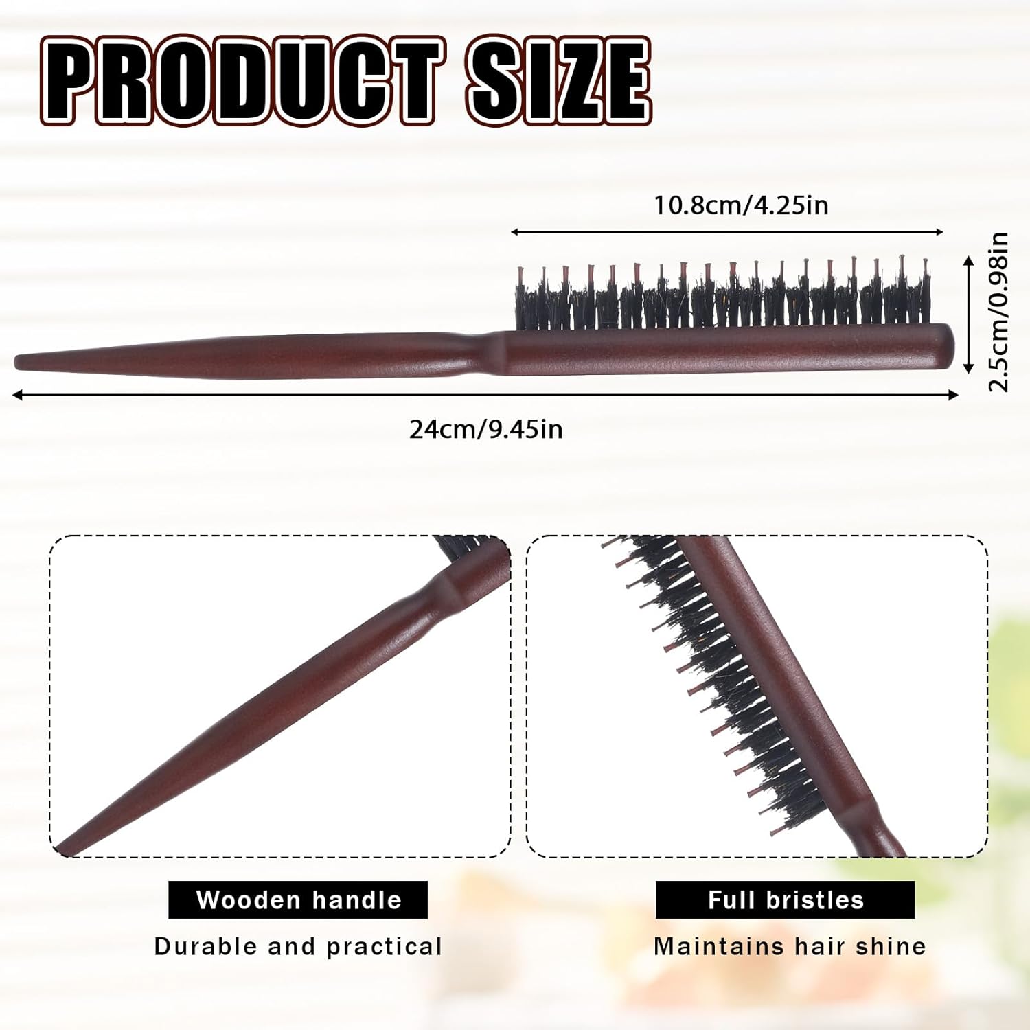 Teasing Brush for Fine Hair, Boar Bristle Teasing Brush Hair Teasing Comb with Rat Tail Handle Wood Handle Slick Back Comb Nylon Bristle Styling