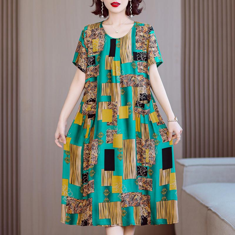 Plus Size Summer Woman Dress Vintage Short Sleeve Print Female Loose Casual Floral Dresses