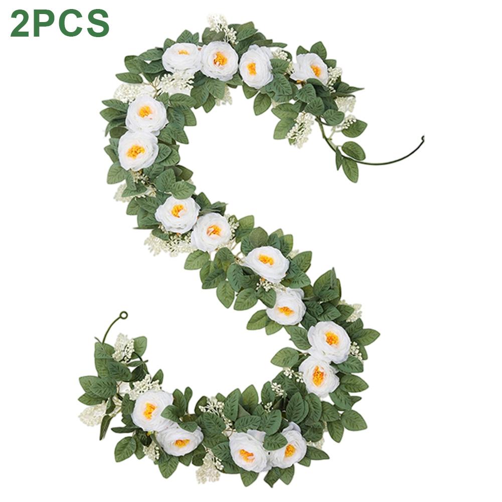 Set of 2 Artificial Eucalyptus Garlands with Faux Roses for Home and Event Decoration 6 6ft Long Plastic Material Wreaths