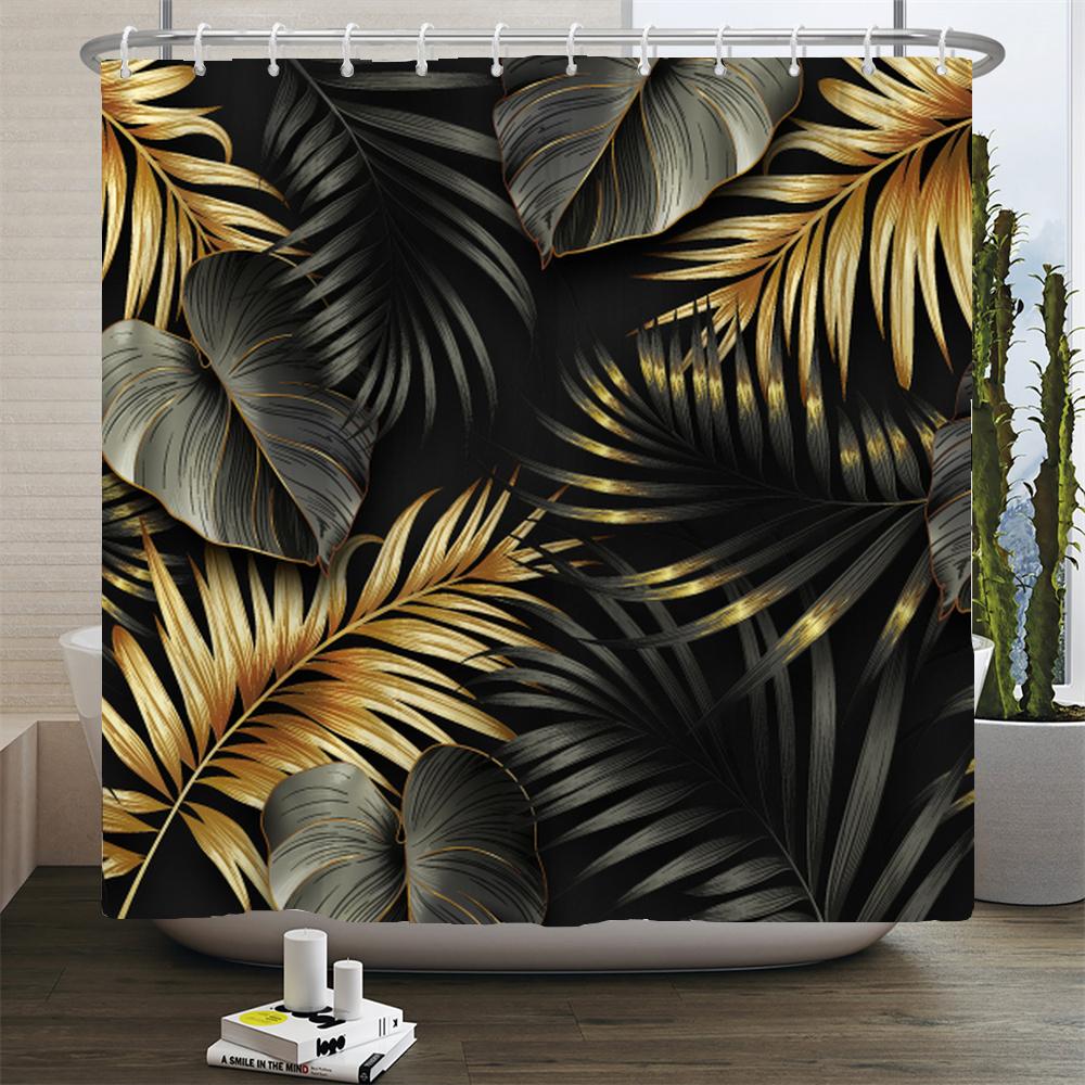Black and Gold Tropical Plant Palm Leaf Bathroom Shower Curtain Set for Bathtub Exotic Leaves Bath Mats Rugs Toilet Home Decor