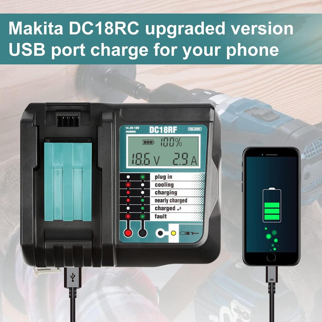 DC18RF Li-ion Super Fast Charger for Makita 14.4V-18V Lithium Battery BL1860B,BL1830,,BL1415,BL1440 with LED Screen, USB Port