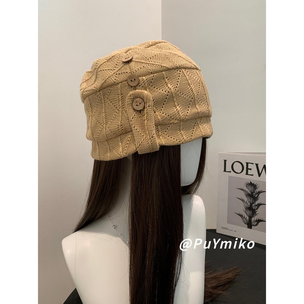 Vintage button summer stripe cold hat thin sweet cool style fashion niche design sense knitted hat women