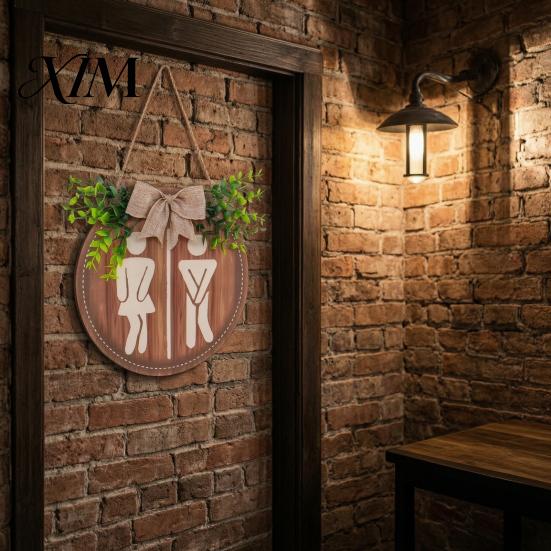 Decorative Wall Hanging for Toilet Wooden Restroom Sign, Men's And Women's Bathroom Sign Home Round Rustic Farmhouse Plaque Washroom Decor Door