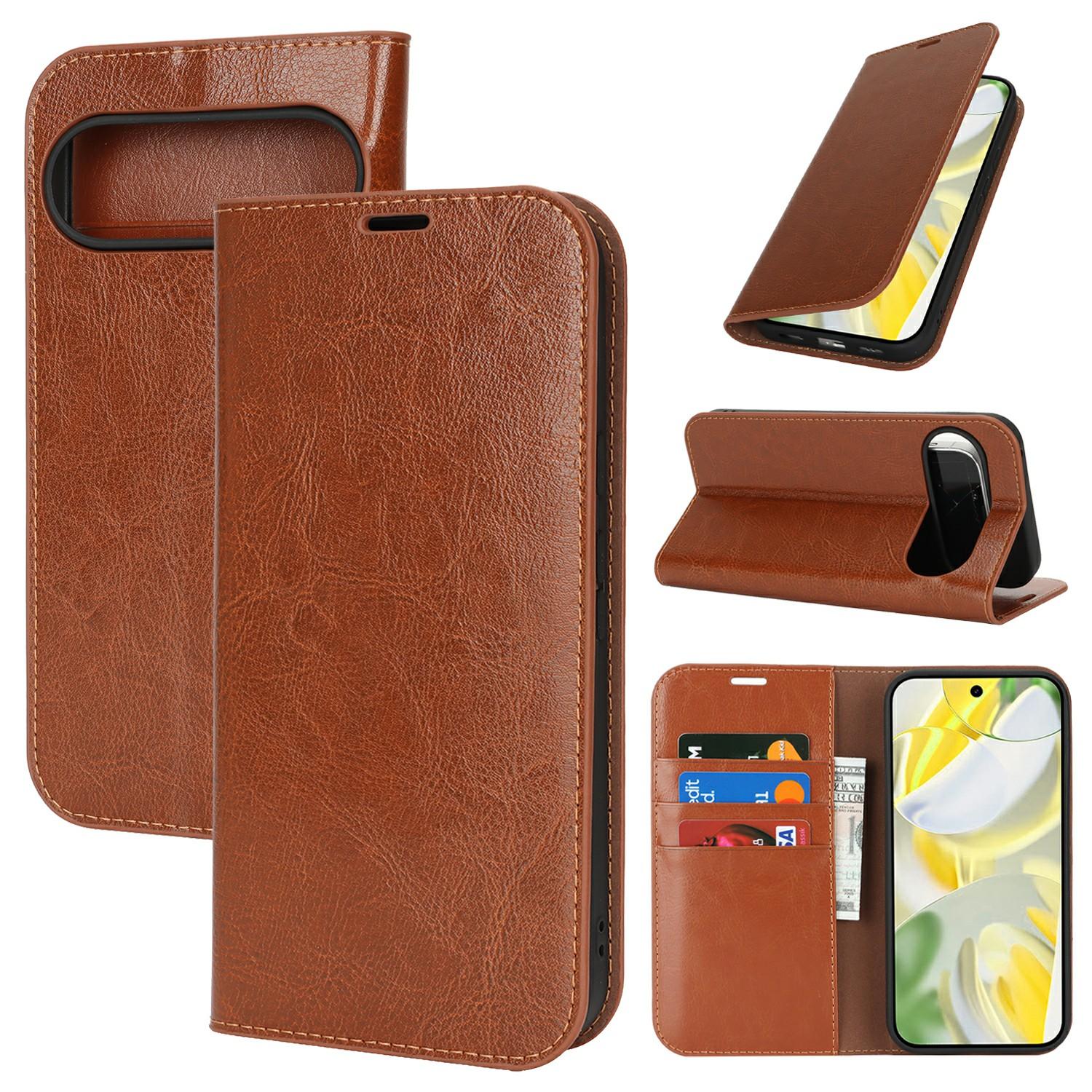

For Google Pixel 10 Pro XL Case Crazy Horse Texture Split Leather Wallet Phone Cover Light Brown
