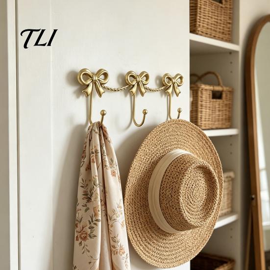 Metal Three Link Hook Iron Art Bow Triple Hook, Wall Mounted Decorative Hanger, French Gold Towel Rack Style Organizer for Entryway Bathroom