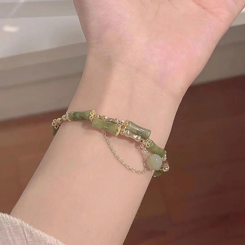 Chinese Style Retro Green Bamboo Joint Beaded Bracelet For Women S Fashion Unique Exquisite Charm Bracelet Jewelry Gift ONESIZE