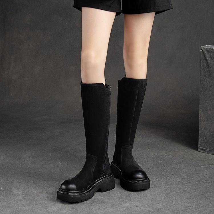 Johnature Retro High Boots Genuine Leather Fashion Side Zipper Knight Boots Thick Soled Women's Shoes