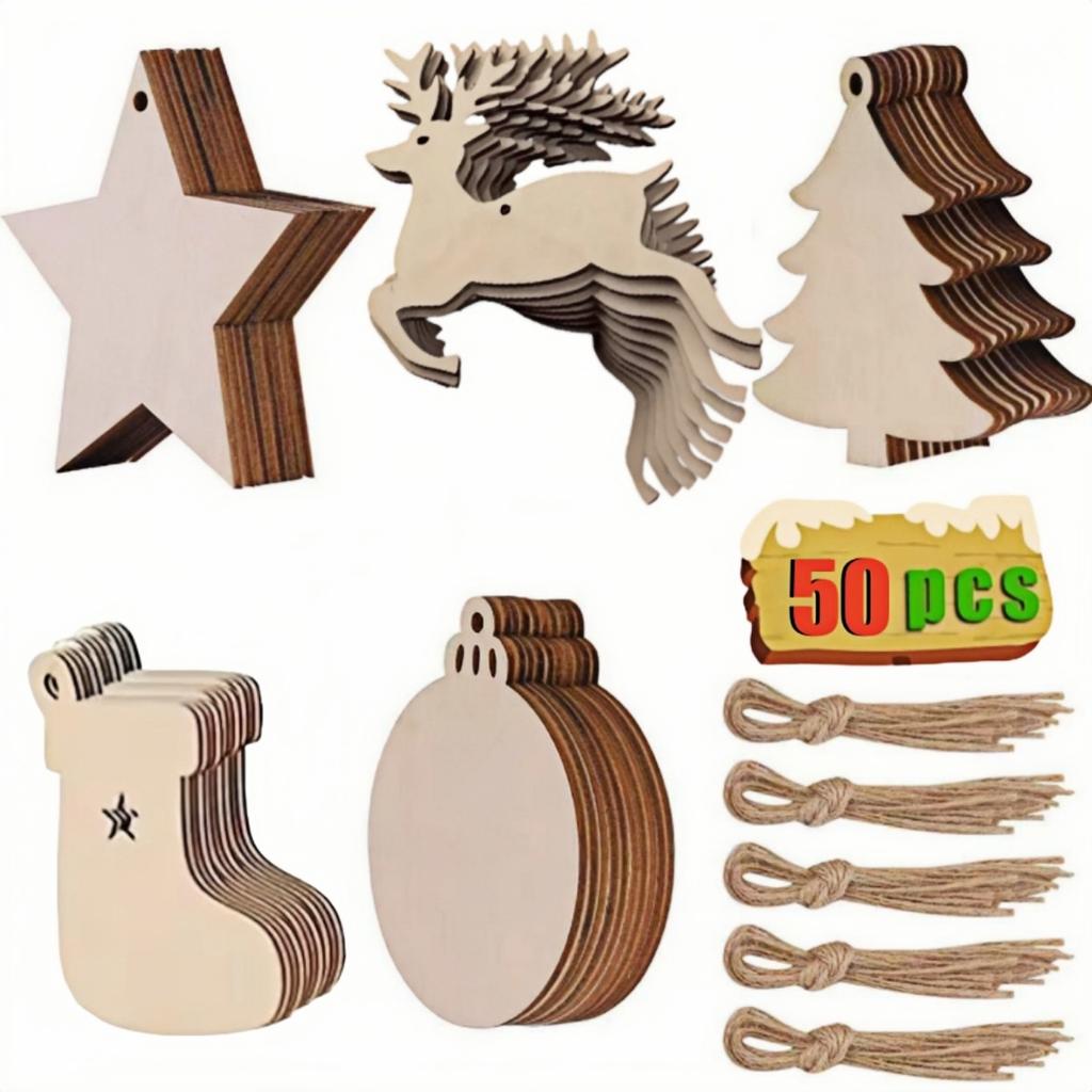10-50Pcs Wooden Christmas Ornaments Unfinished Wood Slices with Holes Wooden Blanks Pendants for Kid DIY Craft Christmas Tree De