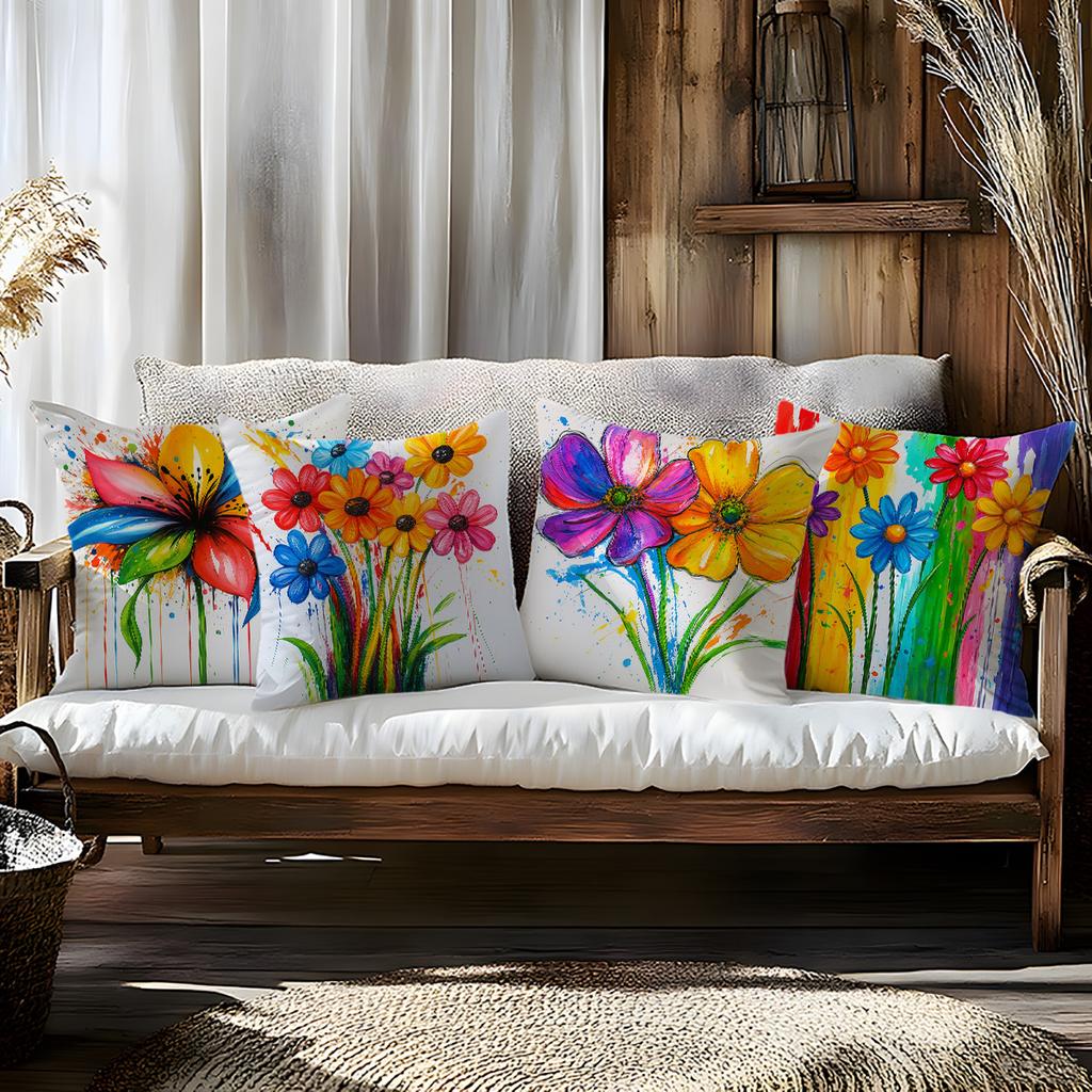 4 Stück bunte Splash-Paint-Blumen-Kissenbezüge, Lebendige beidseitig bedruckte Kissenhüllen, Energetische Boho-Wohnkultur