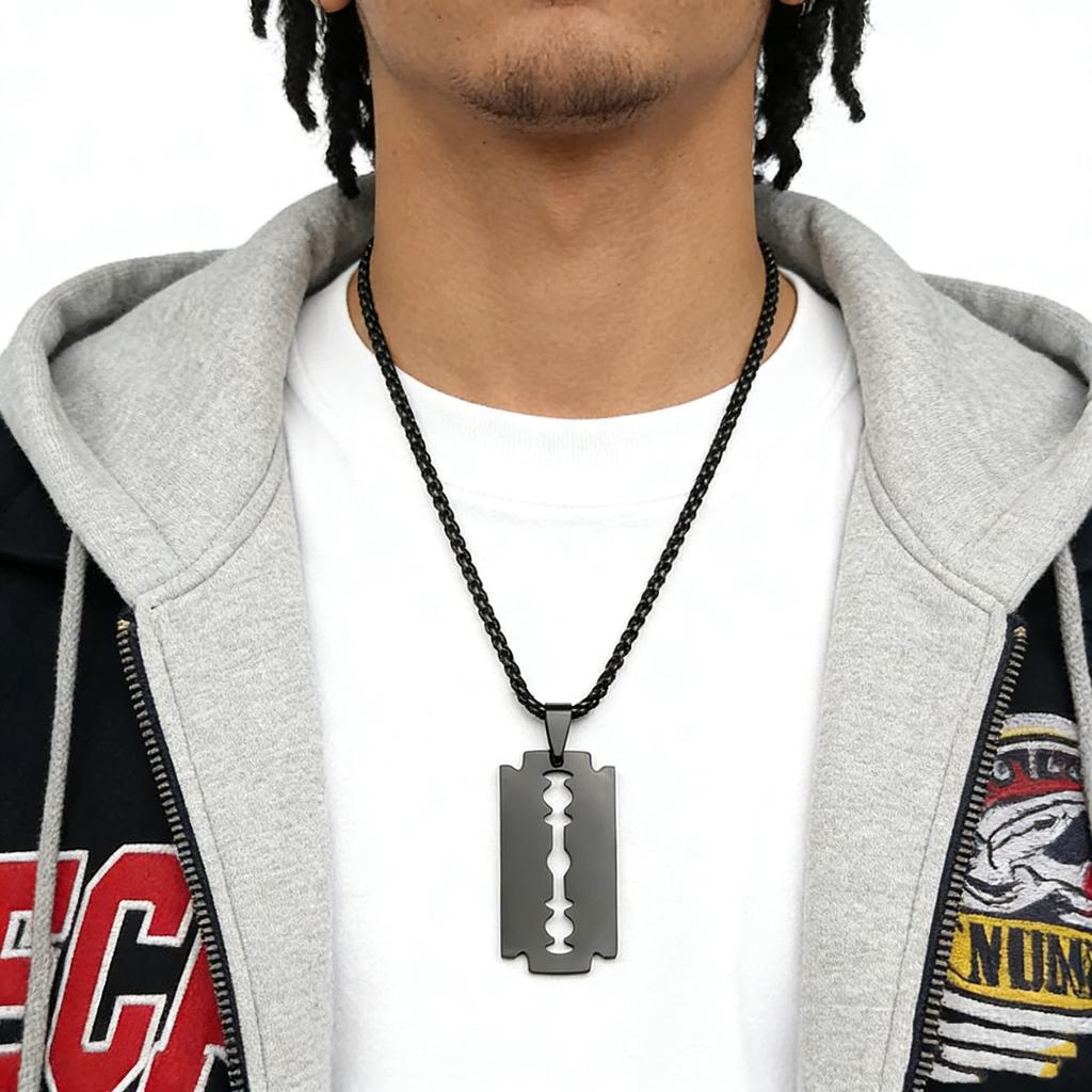 Gothic Blade Razor Pendant Necklaces Men Stainless Steel Black Goth Male Chain Necklace Grunge Y2k Emo Jewelry Collier Homme