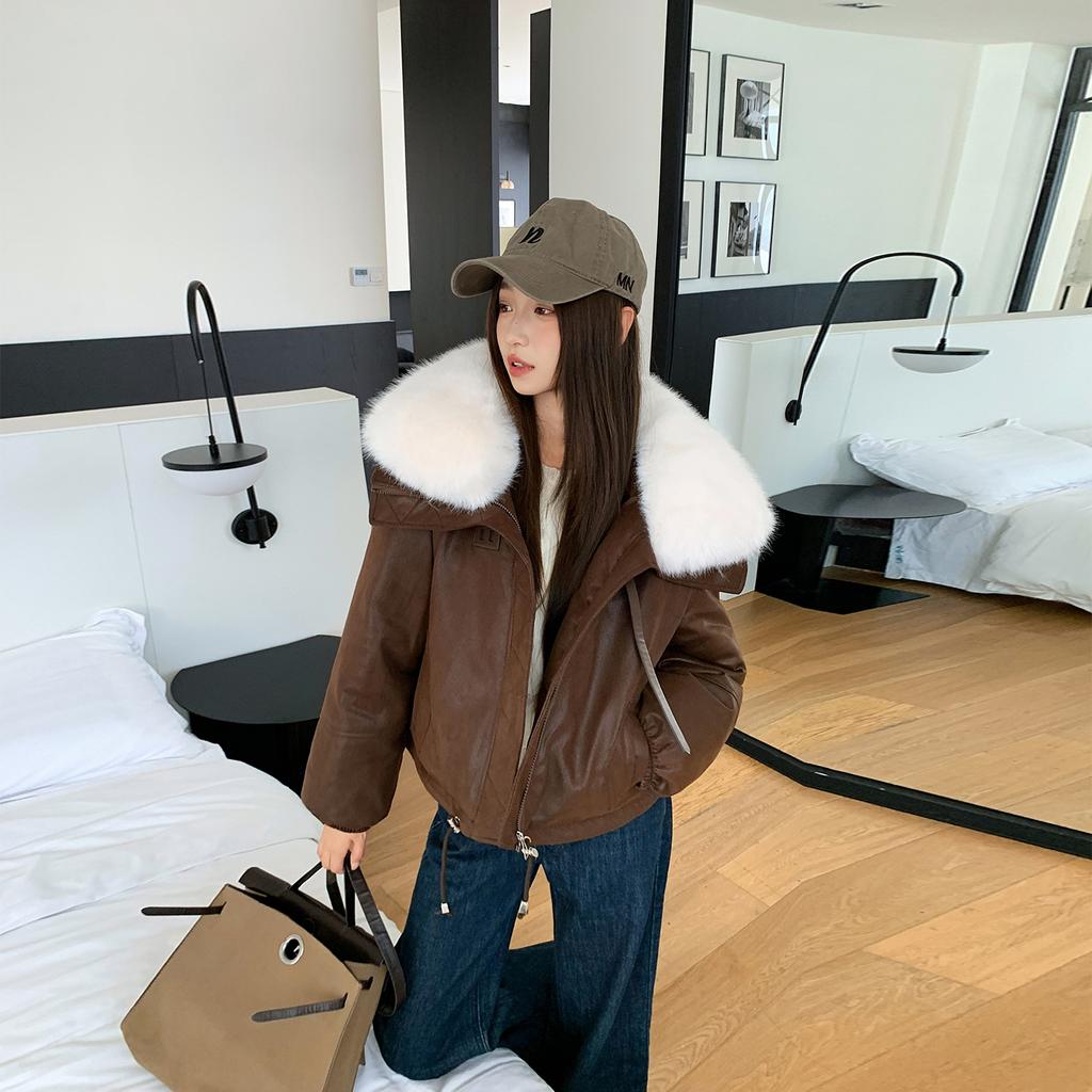 Deerskin down big fur collar padded jacket women's short loose pu cotton jacket down cotton jacket down cotton thickened