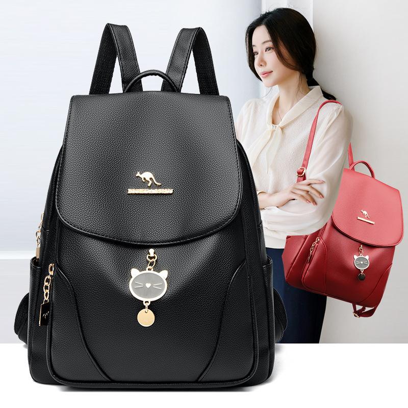 Schoolbag Kangaroo backpack women's 1011 summer new Korean version simple fashion shoulder women's bag soft leather backpack travel schoolbag