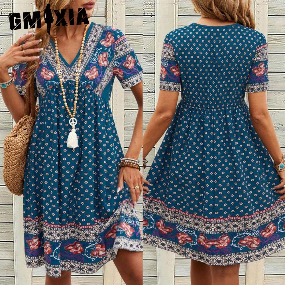 GMXIA Damenmode Sommer Frühling Kurzarm V-Ausschnitt Freizeitkleider