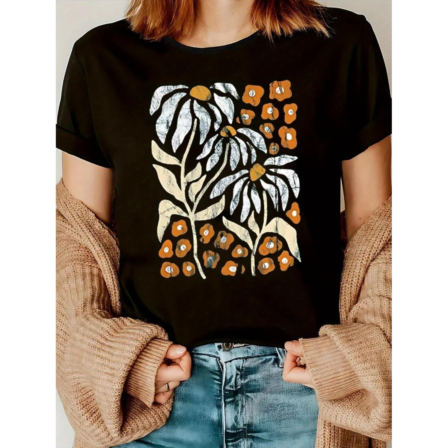 Beautiful floral print short-sleeved T-shirt casual and versatile suitable for daily wear and going out in summer S чёрный