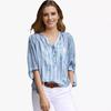 Women Vertical Striped V Neck Half Button Blouse Roll Up Long Sleeve Pocket Loose Fit Linen Blend Casual Summer Daily Office Shirt