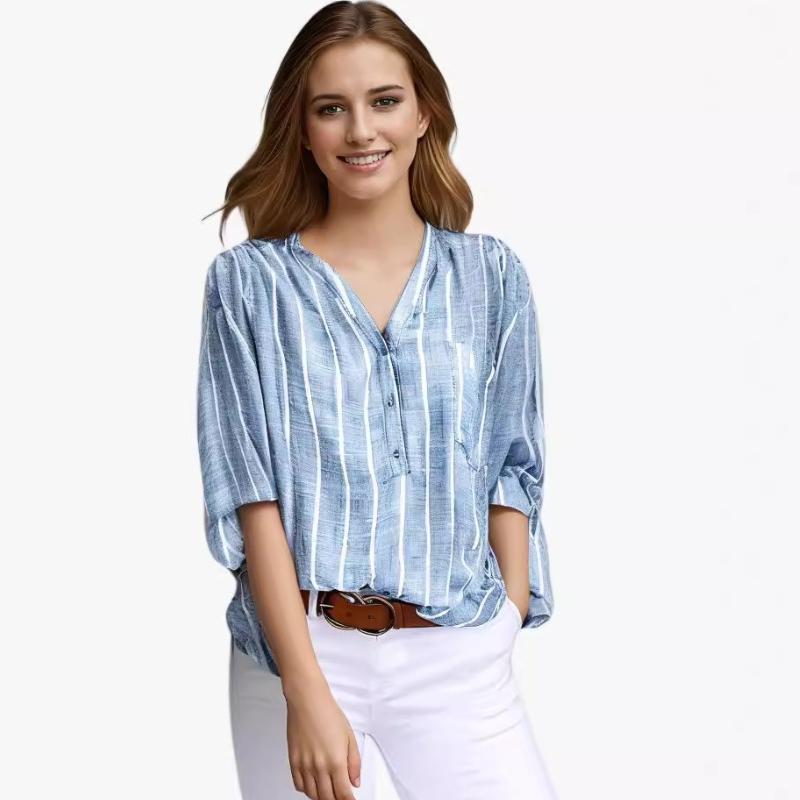 Women Vertical Striped V Neck Half Button Blouse Roll Up Long Sleeve Pocket Loose Fit Linen Blend Casual Summer Daily Office Shirt